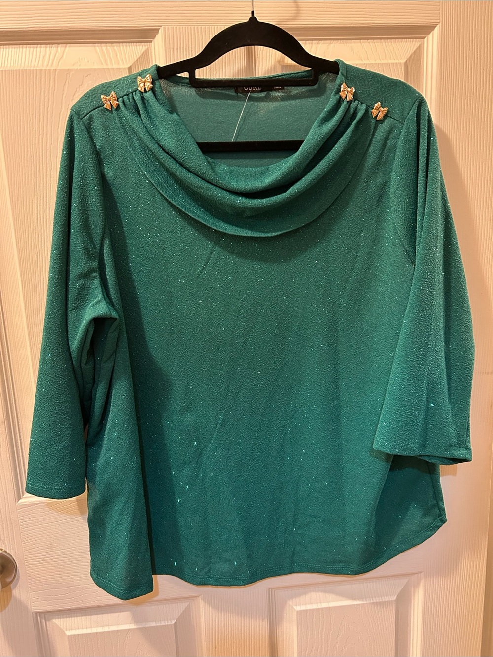 Emerald 2X Cure Green Sparkle Drape Neck Top w/Bow Accents Christmas Top NWT